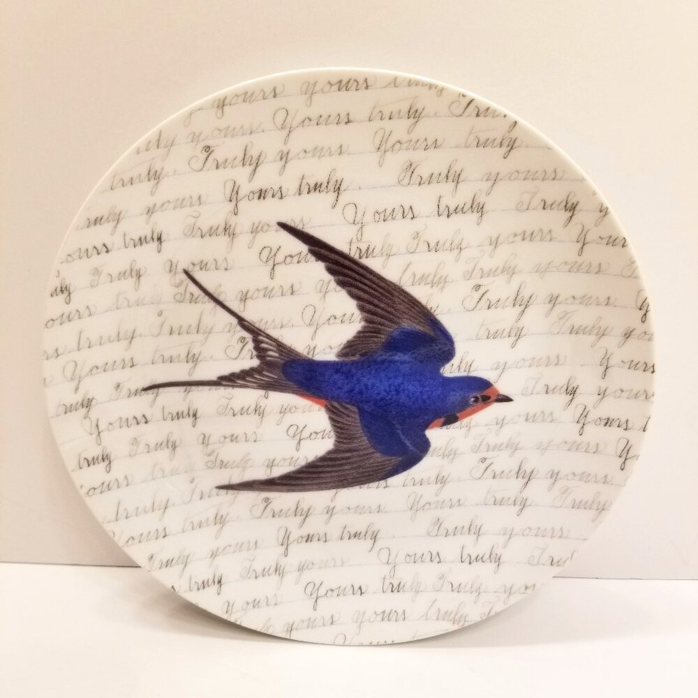 Fringe Studio Porcelain 8" Dessert Plate with blue swallow bird